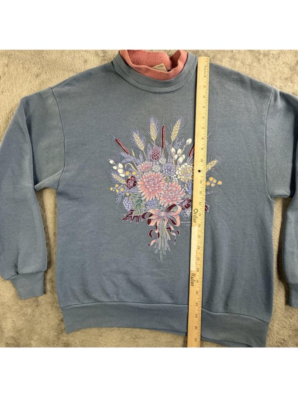 Vintage Morning Sun Sweatshirt Womens Medium Blue Floral Mock Neck USA Made 90s - Picture 10 of 15